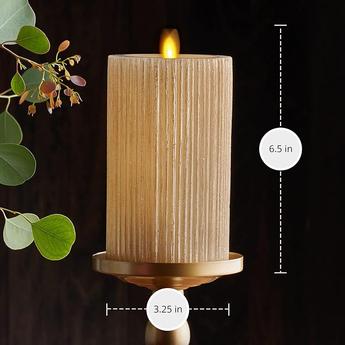 Luminara Metallic Embossed Pillar, Champagne Flameless LED Candle 3.25" x 6.5", Battery Operated Real Flame Technology w/Timer Function, Paraffin Wax