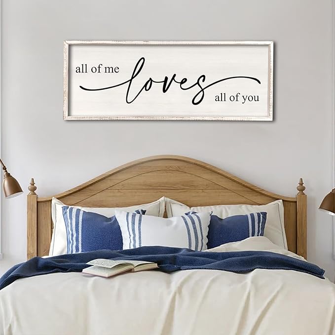 All Of Me Loves All Of You Wall Decor 40''×15'' Large Vintage Framed Wooden Plaque Modern Master Bedroom Above Over Bed sign Farmhouse Plaque Art Home Love Quotes Wall Hanging Decor (White)