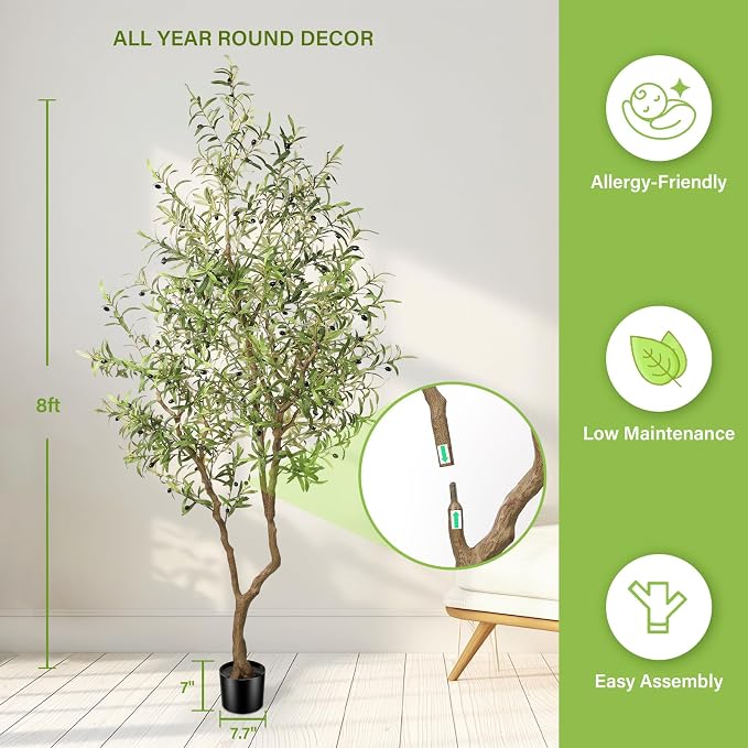 FEELEAD 8ft Faux Olive Tree - Large Realistic Artificial Olive Trees 8 Feet (96") Indoor Fake Plants with Realistic Trunk, Adjustable Branch, Olive Silk Tree with Planter for Home Living Room Decor