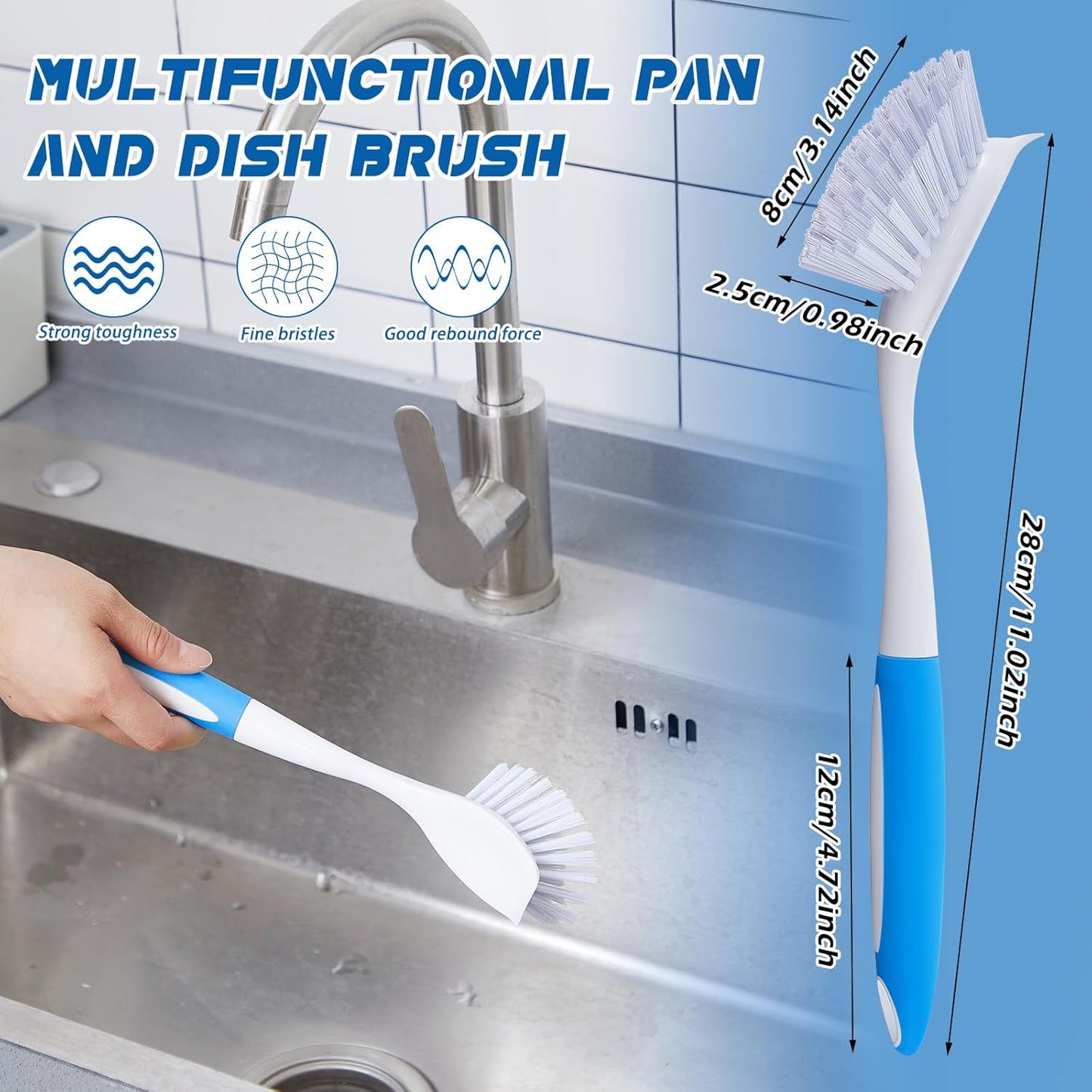 Hsei 10 Pcs Blue Kitchen Scrub Dish Brush Bulk with 11 Inch Anti Slip Handle Cleaning Dish Scrubber with Stiff Bristles Washing Scrub Brushes for Housekeeping for Pots and Pans, Kitchen Sink