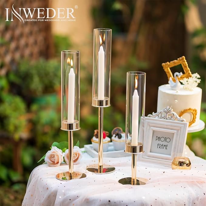 Hurricane Taper Candle Holders: Gold Glass Candlestick Holder Tall Candle Sticks Holder Decor with Glass Cover for Wedding Table Centerpiece Party Birthday Christmas Home Mantel Set of 6