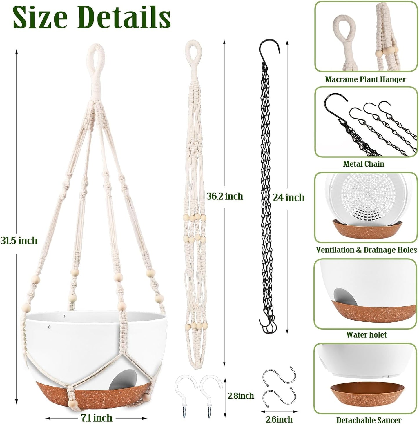 Hanging Planters for Outdoor Indoor Plants, 2 Pack 12 Inch Hanging Basket Plants Outdoor, Self Watering Hanging Planter with Plant Hanger for Garden Home Decoration (2 Type Plant Hangers White)