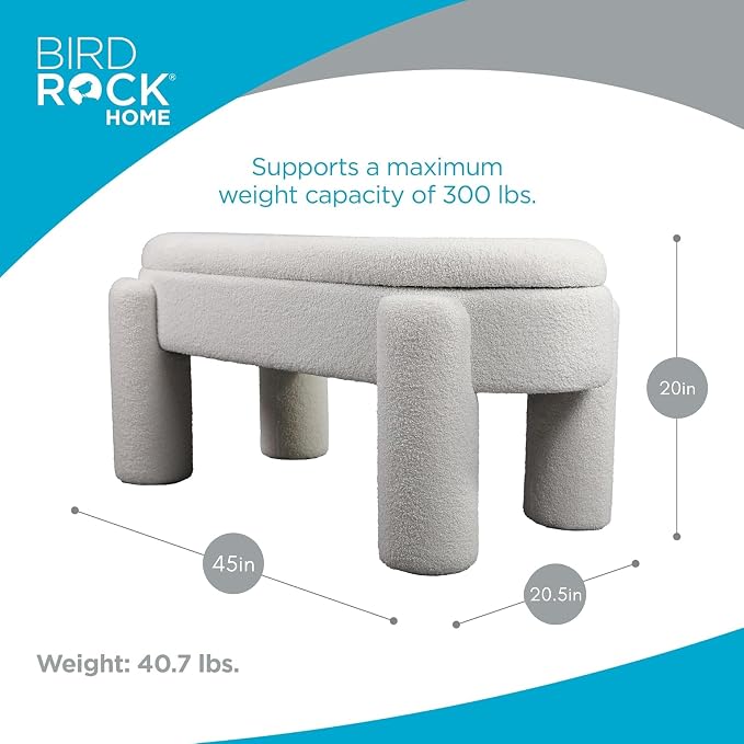 BIRDROCK HOME Sherpa Upholstered Storage Bench | Cozy Seat with Soft Sherpa Cushion, Versatile for Living Room, Bedroom, or Entryway Ottoman | Sturdy Design, 45” L x 20.5” W x 20” H