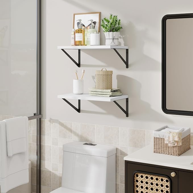 Acovy Floating Shelves for Wall,18" Wall Mounted Shelves Set of 2,Wood Floating Shelf with Bracket,Sturdy Metal Bracket Bookshelves Home Decor Storage for Living Room,Bedroom,Bathroom,Kitchen,White