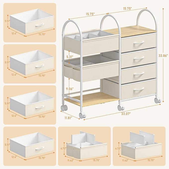 Baby Organizer and Storage Cart, 4-Tier Rolling Utility Cart with Wheels, Dividers and Drawers, Easy to Assemble for Nursery, Bedroom & Changing Table, White