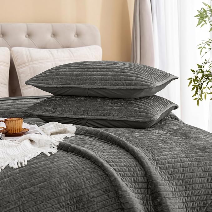 PHF Luxury Velvet Quilt Set Twin Size – 2PCS Ultra Soft Quilted Comforter Alternative with Striped Channel, Cozy Quilted Bedspread, 1 Coverlet with 1 Matching Sham, 68" x 92", Grey