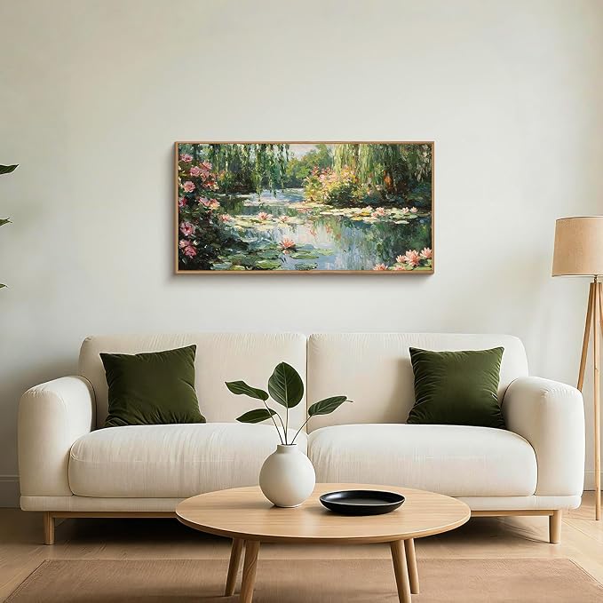 LHIUEM Monet Water Lilies Floral Framed Canvas Wall Art Set,Vintage Impressionist Botanical Wall Decor,Oil Paintings Style Flowers Artwork for Living Room,Bedroom,Dining Room,Office -20"x40"x1
