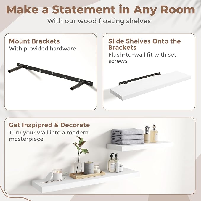 24 Inch Floating Shelves for Wall with Invisible Brackets Set of 2, 8"D Engineered Wood Wall Shelves with Wood Grain for Living Room, Bedroom, Bathroom, Kitchen Decor and Storage, White Finish