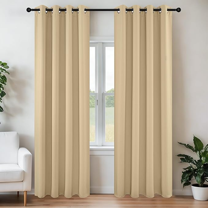 Joydeco Blackout Curtains 72 Inch Length 2 Panels Set, Thermal Insulated Long Curtains& Drapes 2 Burg, Room Darkening Grommet Drapes for Living Room Bedroom Window (W52 x L72 Inch, Beige)