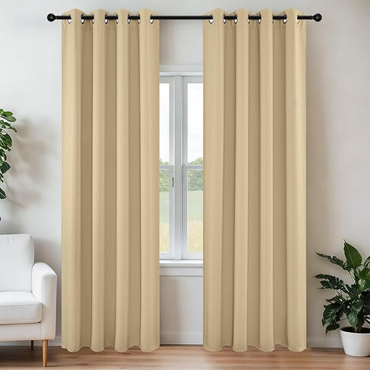 Joydeco Blackout Curtains 72 Inch Length 2 Panels Set, Thermal Insulated Long Curtains& Drapes 2 Burg, Room Darkening Grommet Drapes for Living Room Bedroom Window (W52 x L72 Inch, Beige)