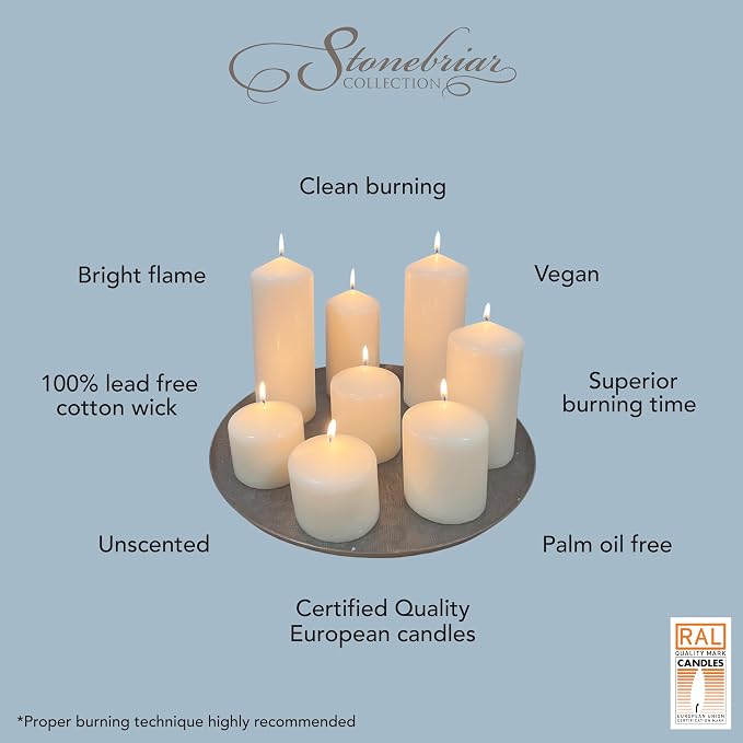 Stonebriar Unscented Pillar Candles – 65 Hour Burn Time, Long-Lasting Wax Candles for Weddings, Holidays, Home Décor & Special Events, Pack of 6, Ivory, 3" x 6"