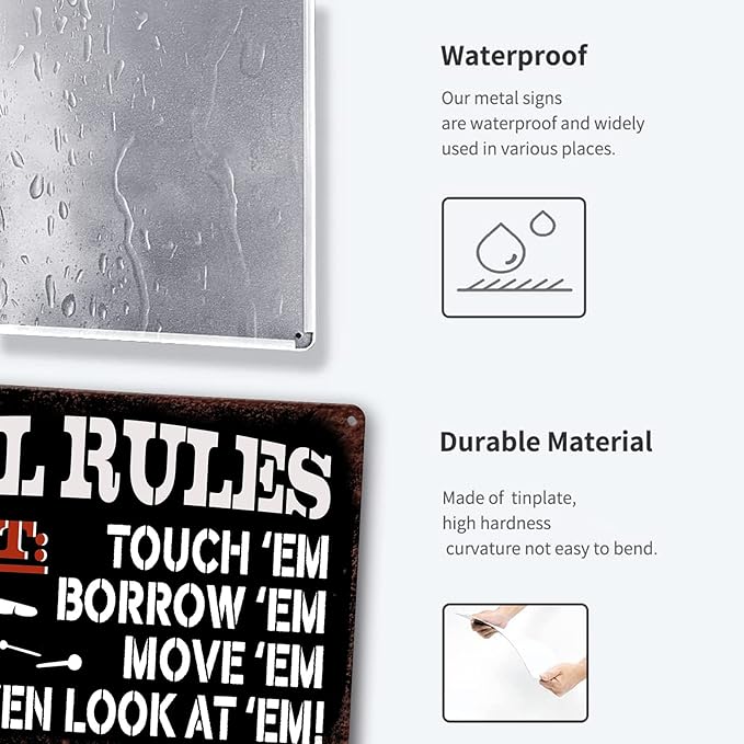 Metal Tin Garage Sign Tool Rules Signs Garage Wall Decor Garage Shop Decorations For Men My Room Tools Rules Sign Man Cave Signs Vintage Garage Decoration Coffee Bar Sign Gifts 12x8 Inch