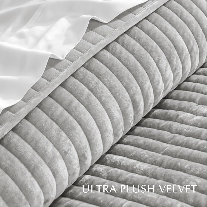 EverGrace Velvet Quilt Set King Size, Luxurious Soft Striped Channel Bedding Set, Lightweight Velvet Comforter for All Season, Oversized Bedspread Coverlet with 2 Matching Shams, Frost Gray