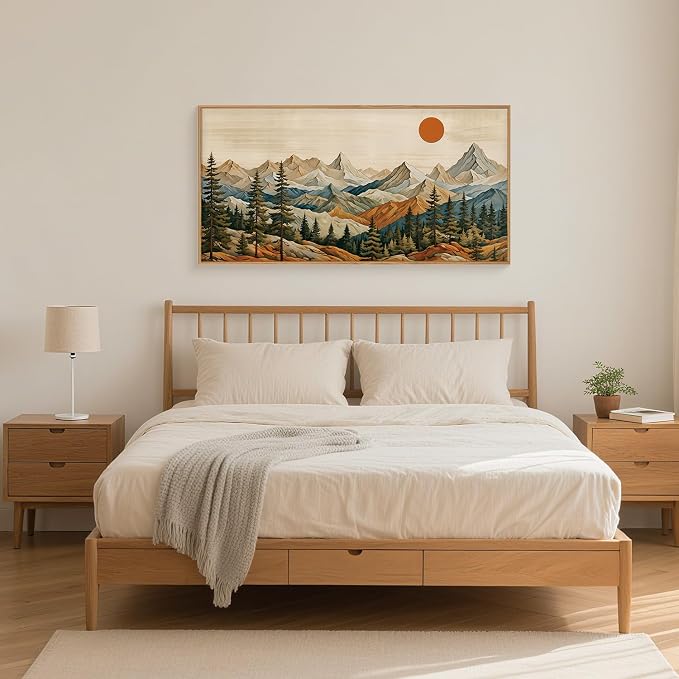 Boho Mountain Woodcut Framed Canvas Wall Art 20"X40" | Vintage Pine Tree Brown Forest Art Painting Natural Sunrise Beige Artwork