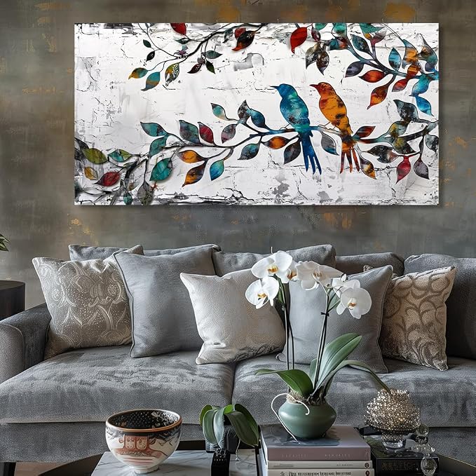 Wall Art Funny Paintings Colorful Birds on a Branch Art Mural Pop Art Home Office Wall Decor Framed Canvas Wall Decor for Living Room Ready to Hang - 71x36in