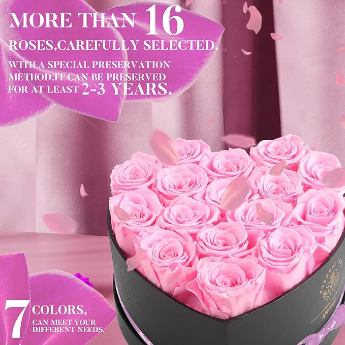 Impouo 16-Piece Forever Flowers Heart Shape Box - Preserved Roses, Birthday Gifts For Women- Flower Delivery Prime, Valentines, Anniversary, Wedding Gifts- Pink Roses