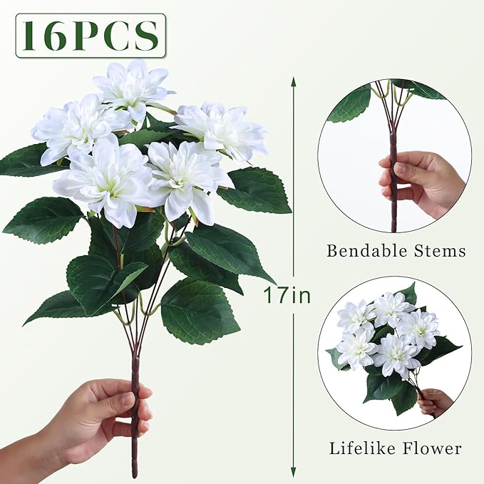 VIERENA 16 Bundles Artificial Dahlia Flowers for Outdoors Spring Summer Decor, No Fade Silk Flower Faux Dahlias Plant Arrangement for Home Garden Balcony Farmhouse（White）