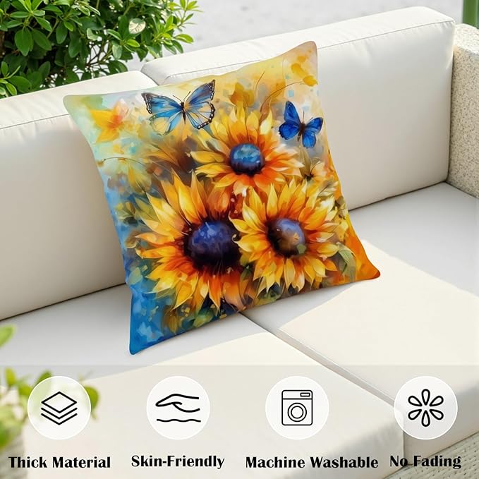 Oil Painting Sunflower Pillow Covers Sun Flower with Butterfly Throw Pillow Covers 20x20 Set of 2 Vintage Pillowcase Double Sided Printing Cushion Case for Home Decor Outdoor Sofa