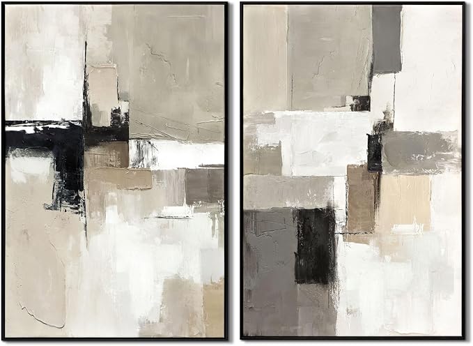 Set of 2 Modern Neutral Abstract Wall Art – Framed Beige, Gray, and Black Canvas Paintings for Living Room, Bedroom, or Office Décor – 24x36 Inches Each