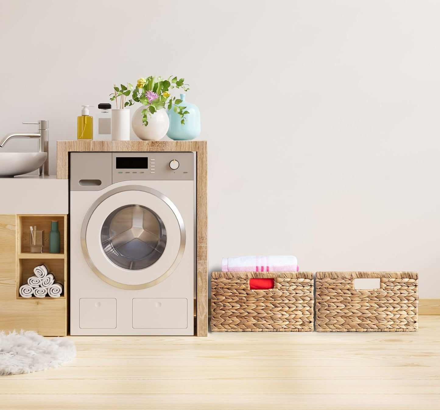 Large 14.5” x 13.5” x 8” (Set of 3) Natural Water Hyacinth Woven Storage Baskets, Rectangular Wicker Basket with Built-in Handles, Large (Natural)