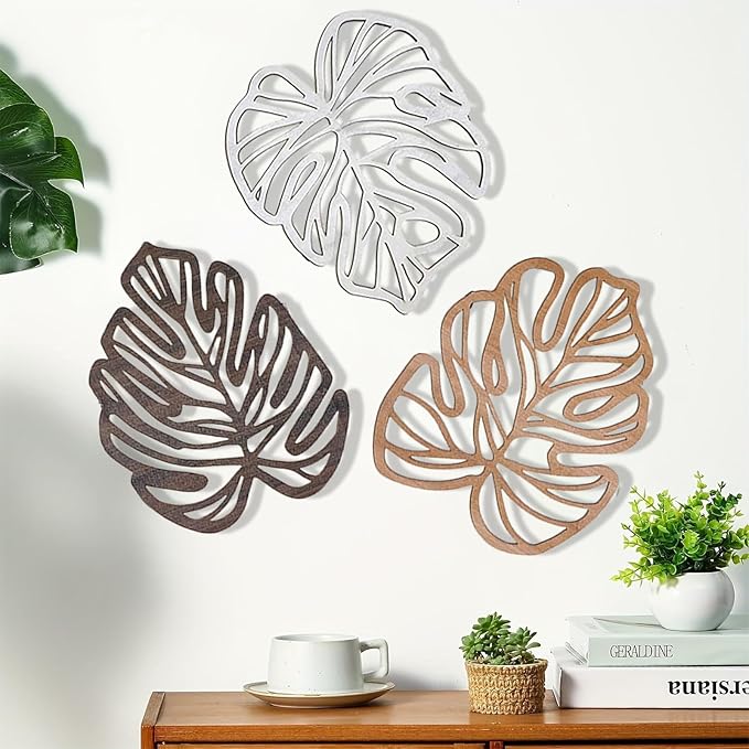 Palm Leaves Wood Wall Decor , 3Pcs Tropical Wall Art Jungle Decor, Wooden Natural Leaves Plant Wall Decor, Vintage Tropical Plant Plaque for Home Living Room Kitchen Bedroom Bathroom & Garden, Vintage Brown