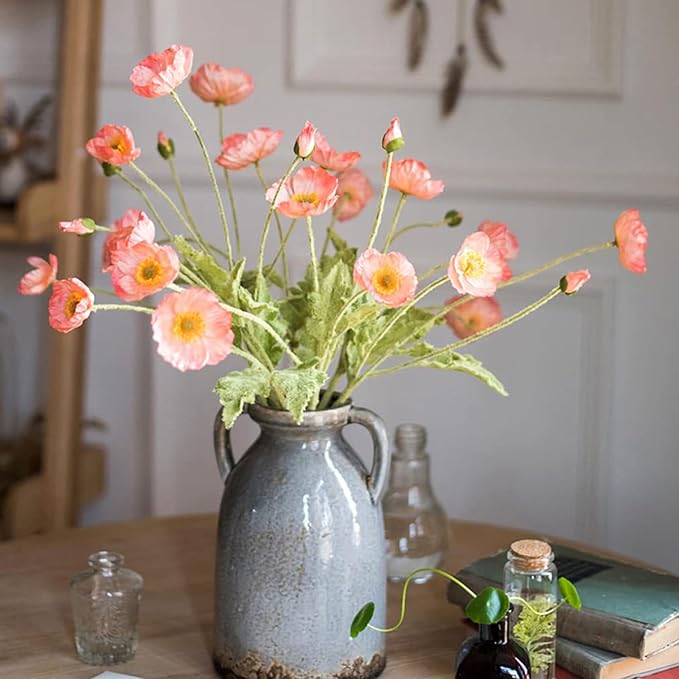DUYONE Artificial Flowers 6 Stems Poppy Silk Bouquet,for Wedding, Home, Party Decoration,Table Centerpiece Arrangement(Orange Pink 6pcs)