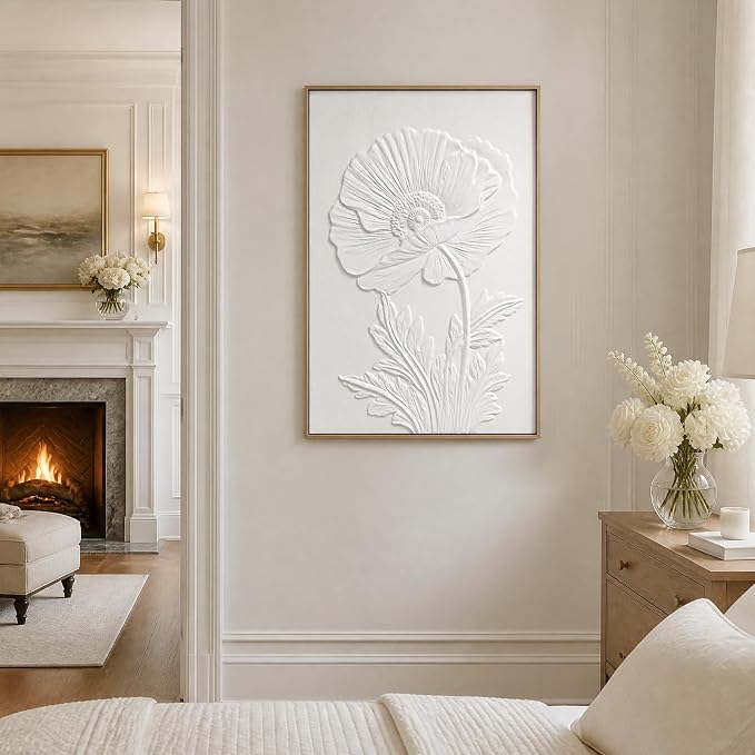 SAFERRYHOME White Flower Textured Carve Wall Art, 24"x36" Framed | Large 3D Floral Framed Canvas Wall Decor, Modern Flower Botanical Painting Elegant Nature Artwork for Home Office Living Room