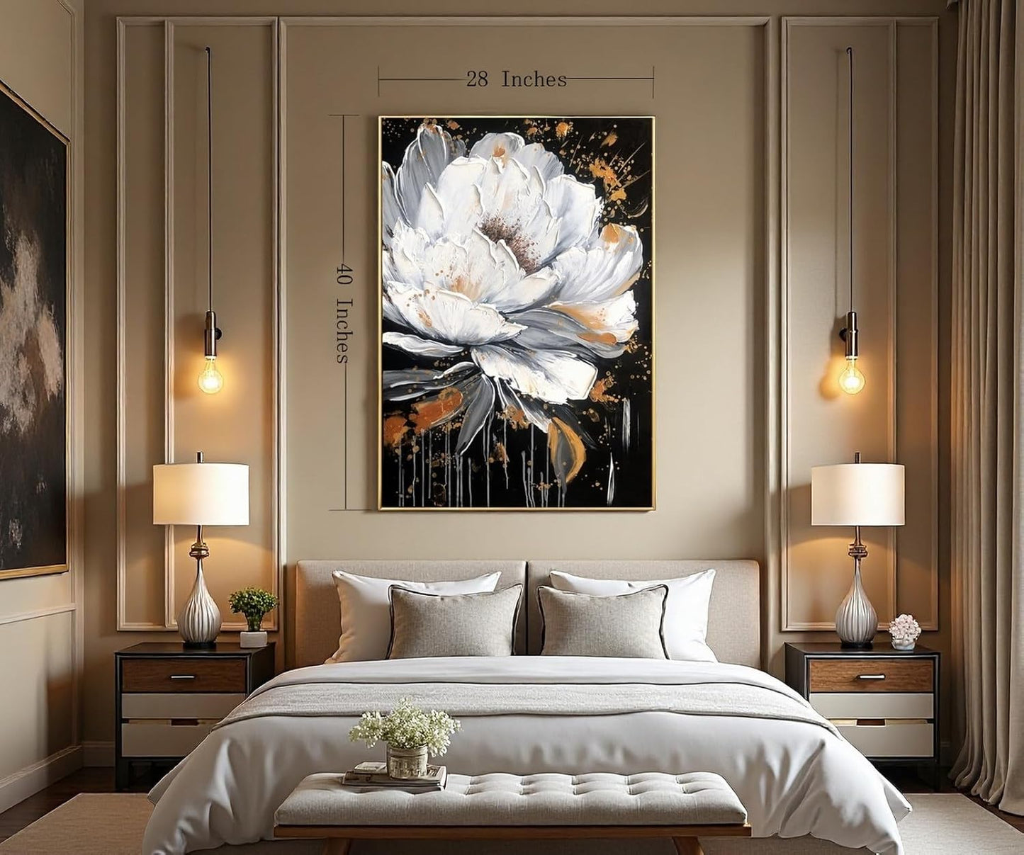 Framed White and Black Flower Wall Art for Study,Hand Painted Floral Oil Painting for Bedroom,Modern Textured 3D Artwork Office Kitchen Decor 28x40inch