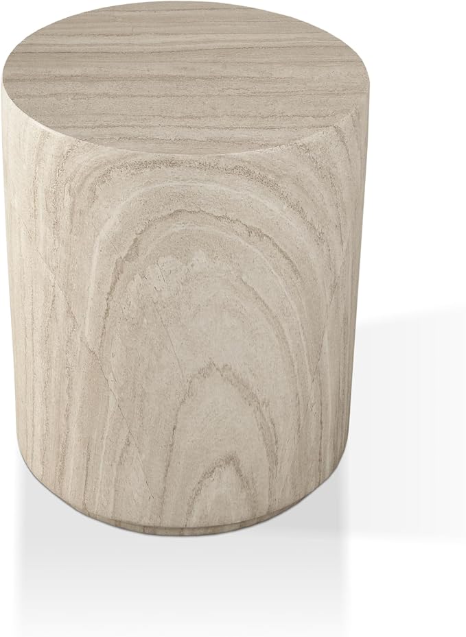 24/7 Shop at Home Ranera Modern 14-inch Natural Stone Side Table with Round Drum Base, Marble Nightstand, Patio End Table, for Living Room, Covered Outdoor Spaces, Balcony, Beige Travertine