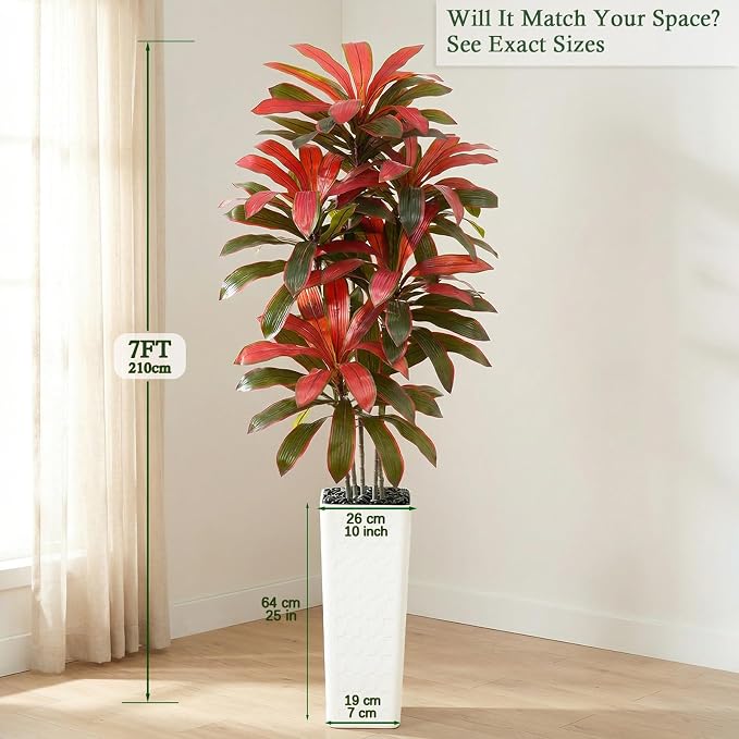 Artificial Dracaena Tree：7FT Faux Silk Tropical Yucca Floor Trees Realistic Fake Green Plant with Natural Wood Trunk & Lifelike Leaves for Home Office Decor Indoor & Outdoor (7FT,1-Pack,White)