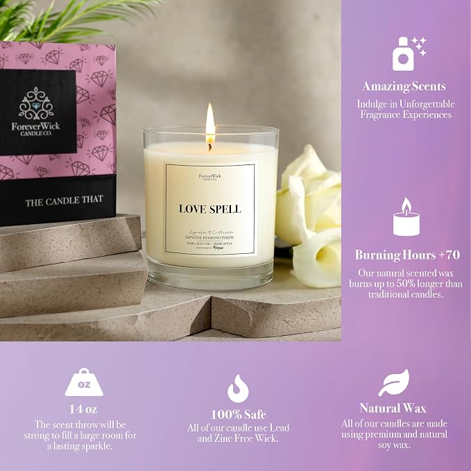 Love Spell Lush Fruit Surprise Candle with Diamond Inside | Foreverwick Candles | Scented Soy Candles Gifts for Women Aromatherapy Candle | Organic Soy Candle 14oz | 70h
