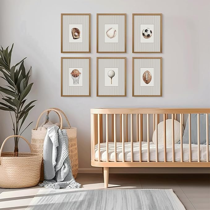 Sports Wall Art Decor Toddler Boys Room Canvas Prints Vintage Sports Nursery Wall Decor Baby Kids Poster Football Baseball Pictures Basketball Theme Artwork for Children Bedroom 12x16 Inch Wood Framed