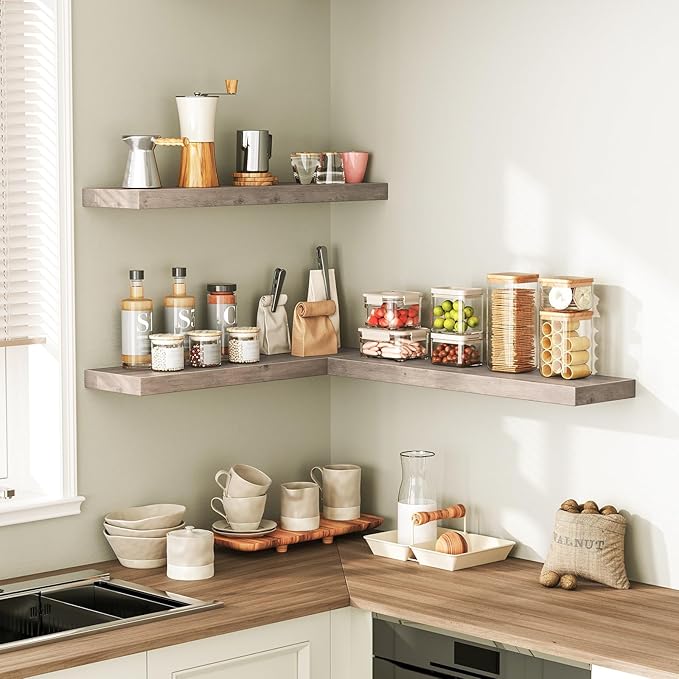RALGEND Floating Shelves for Wall, 1.5" Thick Wall Shelf Set of 3 with Invisible Brackets, 23.6L x 7.9W Hanging Book Shelves Farmhouse Home Decor for Bathroom, Living Room, Bedroom, Greige 6301BJP3BG