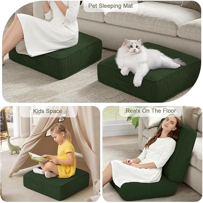 Meditation Floor Pillow Set of 2, 8" Extra Thick Floor Cushion for Sitting with Washable Cover, Large Corduroy Meditation Pillow, 22 inches Tatami Seat with Handle for Yoga Pillow, Green