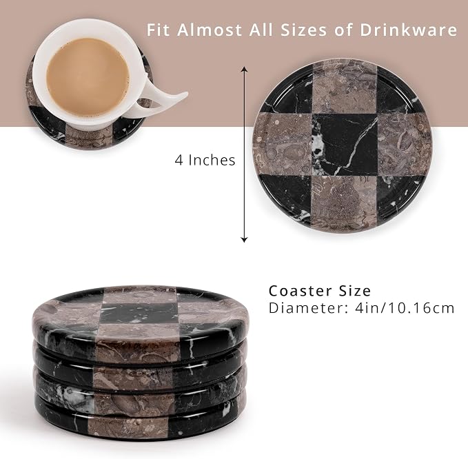 Marble Coasters Set of 4, Zebra Black & Oceanic Handmade 4 inch Round Stone Coaster, Drink Checkered Coaster Plates for Coffee Table, Stylish Bar Accessories & Modern Home Décor