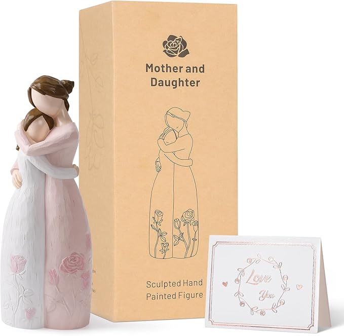 Mother Daughter Hug Figurine – Handcrafted Resin Collectible Figurines Home Decor, Sentimental Gift for Mom Birthday, Mother’s Day, Thanksgiving, Christmas, Pink