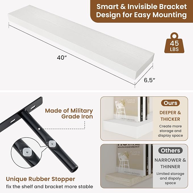 fuqing Floating Shelves for Wall, Wall Mounted Wood Floating Shelf with Invisible Brackets for Living Room, Bathroom, Bedroom, Kitchen Storage and Decor, 40 Inch Set of 2, White