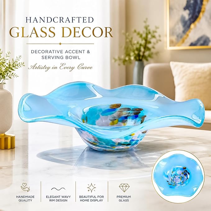 Hand Blown Murano-style Art Glass Bowl, 10.2-Inch Large Decorative Centerpiece for Table, Cobalt Blue Fruit Display & Kitchen Counter Decor