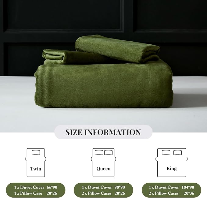 WARMDERN Olive Green Flannel Velvet Duvet Cover King Size Duvet Cover Bedding Sets, 3pcs Ultra Soft Luxury Textured Modern Crystal Velvet Duvet Covers with Zipper Closure(Olive Green, King)