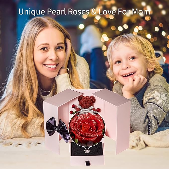 JoyFlower Preserved Flowers with Necklace Gifts for Mom, Unique Pearl Rose Eternal Flower Bear with Necklace Gift for Grandma, Preserved Real Red Roses Birthday for Mother Grandma