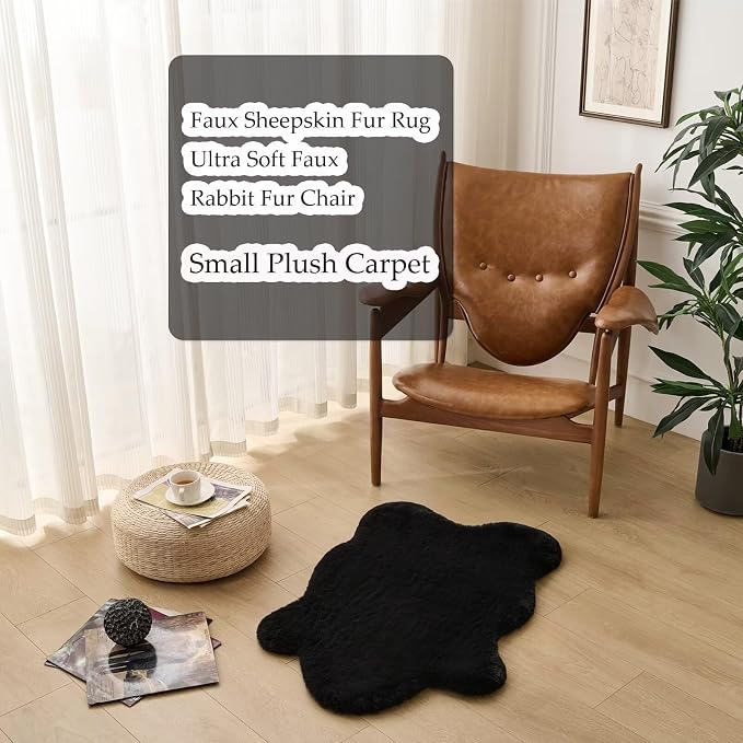 1700GSM Fuzzy Faux Sheepskin Fur Area Rug,Extra Soft Faux Fur Mat,Fluffy Shaggy Fur Rug for Bedroom Living Bedside Rug Room Decor-Black, 2 x 6 ft