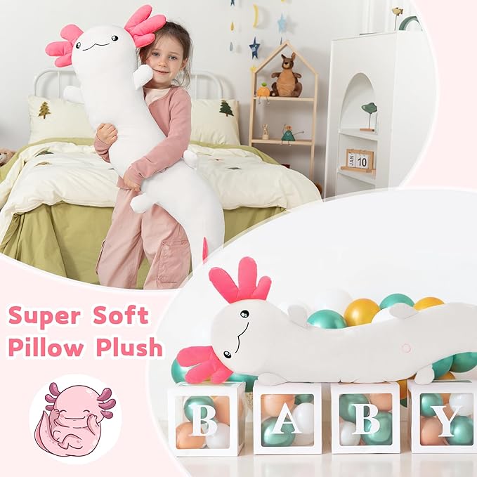 MaoGoLan 48" Giant Axolotl Plush Body Pillow, Large Axolotl Stuffed Animal Toy for Kids Girl Boy, Soft White Glow in The Dark Salamander Plush Toy, Birthday Easter Gift, Baby Shower Holiday Decor