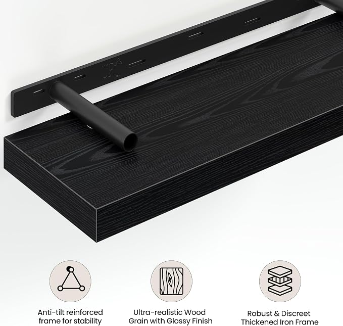 Vivelove 48 Inch Floating Shelves Wall Mounted for Display, 6.5 Deep Duty Shelves with Invisible Brackets for Living Room,Bedroom,Kitchen, Bathroom Storage & Decor,48" Wx6.5 Dx1.4 H - Black