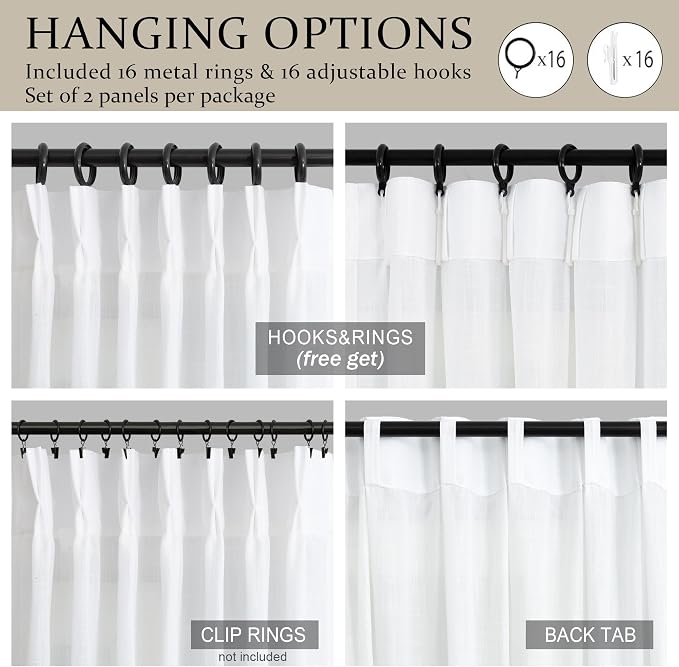 Thick Linen White Pleated Curtains 90 Inch Long for Living Room Bedroom Aesthetic 2 Panel Pinch Pleat Drapes Back Tab Light Filtering Sheer Ceiling Floor Custom Length Gauze Curtain Dining Room Office