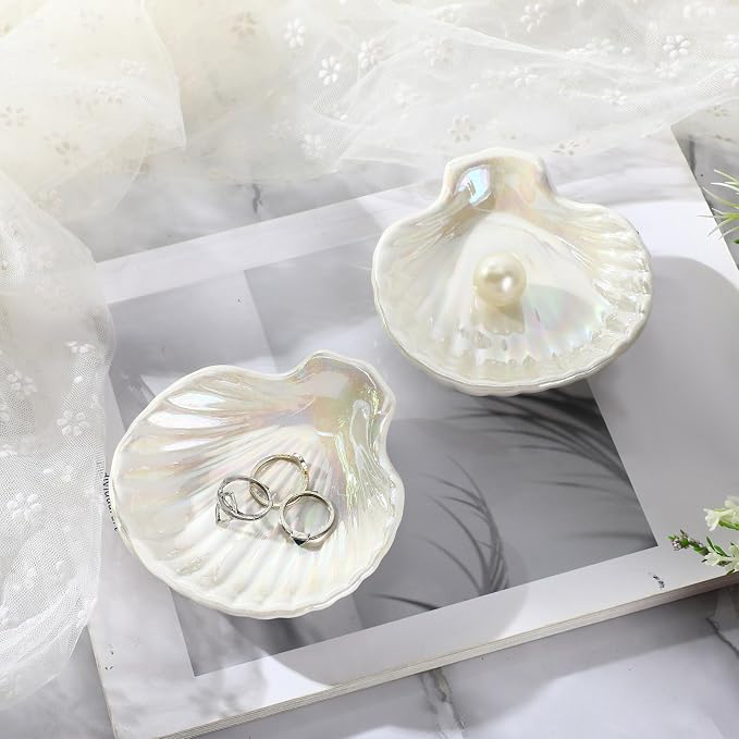 Teenyyou 8 Pcs Shell Ring Dish Ceramic Jewelry Trinket Dish Tray Seashell Ring Key Holder Bowl Beach Room Coastal Plate Decor for Home Bathroom Counter(Classic,White)