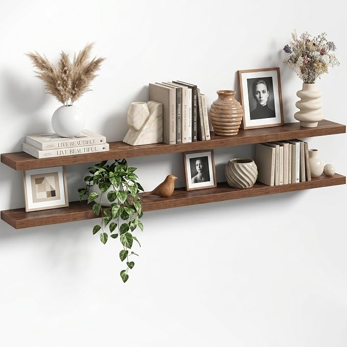 72" Floating Shelves for Wall, Set of 2, 8" Deep, 1.5" Thick, Brown | Rustic Wood Wall Shelves with Invisible Brackets, Storage and Display for Bathroom, Bedroom, Living Room or Kitchen