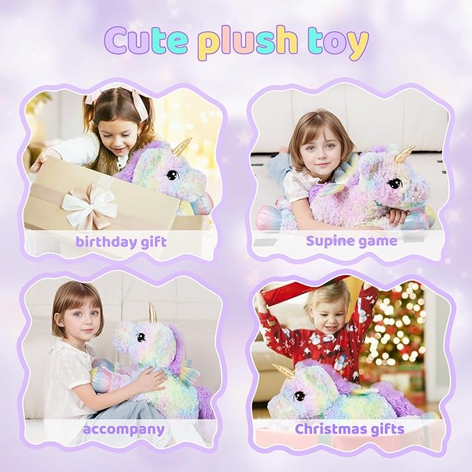 FFxiong 24 Inch Rose Rainbow Colors Unicorn Stuffed Animal Plush Toy with Wings Soft Cute Large Unicorn Plushies Animals Pillow Gift for Children Boy Girl Kids Birthday Valentine Room Decorations
