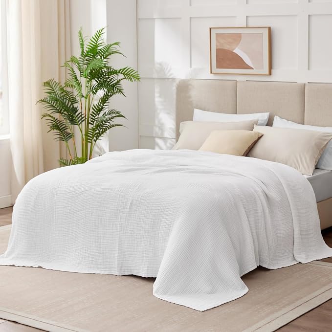 100% Cotton Muslin Blanket Twin 60" x 80", Breathable and Lightweight Cotton Twin Blankets for Couch, Soft Cooling Summer Gauze Blanket for Adults All Season, White