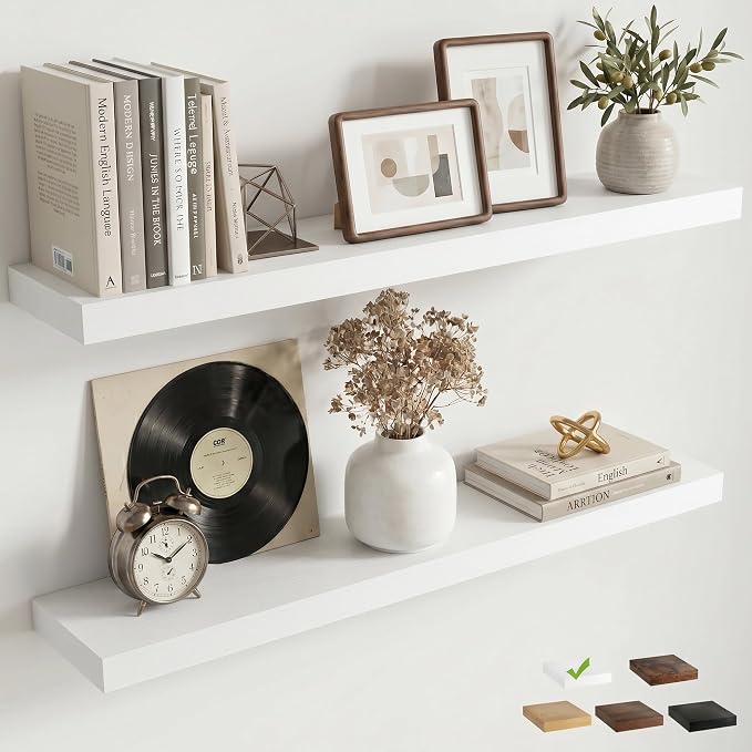 Venusmiles Floating Shelves for Wall, 36 Inch Floating Shelves Set of 2, 6.5" D Wooden Wall Mounted Display Shelves with Invisible Brackets for Living Room, Bedroom, Bathroom, Kitchen Decor, White