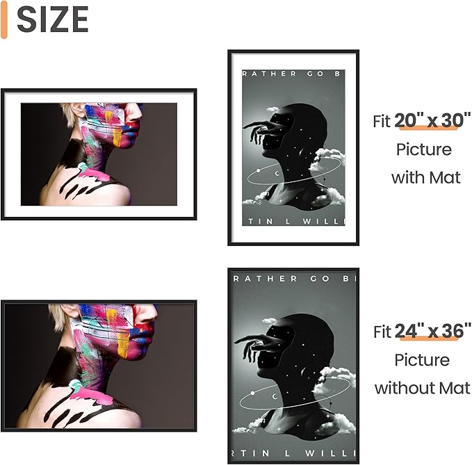 upsimples 24x36 Poster Frame, Display Pictures 20x30 with Mat or 24 x 36 Without, Wall Hanging Picture Frames, Black, 1 Pack